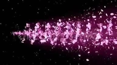 樱花的螺旋状闪亮颗粒。 樱花图案。 日本樱桃舞。 粉红色花瓣的旋涡。 抽象循环动画。